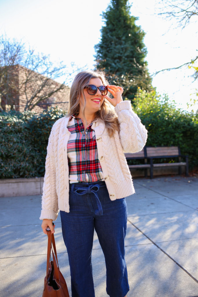 The Old Navy flannels are a great affordable find. This is an easy plaid flannel outfit idea for the fall and winter. With a cable knit cardigan and jeans, you'll have a perfect preppy flannel outfit for winter. #preppy #winteroutfitidea #flannel