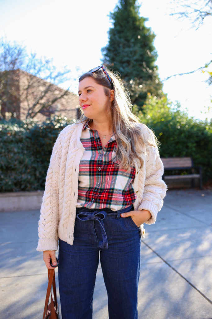 The Old Navy flannels are a great affordable find. This is an easy plaid flannel outfit idea for the fall and winter. With a cable knit cardigan and jeans, you'll have a perfect preppy flannel outfit for winter. #preppy #winteroutfitidea #flannel