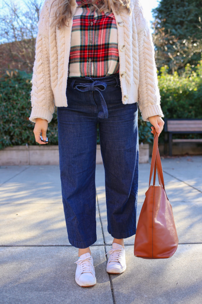 The Old Navy flannels are a great affordable find. This is an easy plaid flannel outfit idea for the fall and winter. With a cable knit cardigan and jeans, you'll have a perfect preppy flannel outfit for winter. #preppy #winteroutfitidea #flannel