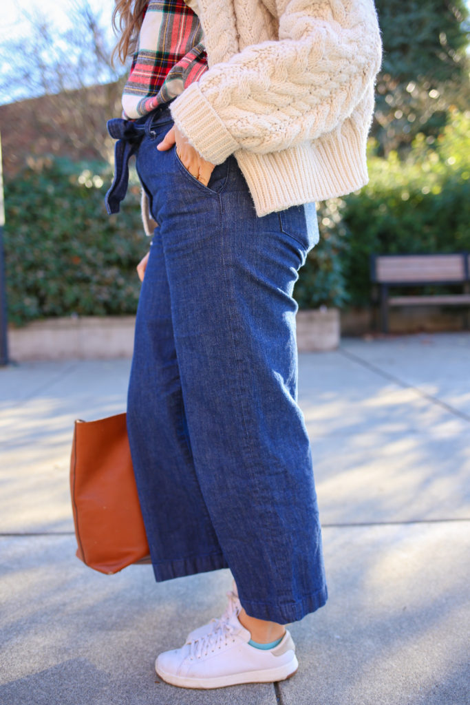 The Old Navy flannels are a great affordable find. This is an easy plaid flannel outfit idea for the fall and winter. With a cable knit cardigan and jeans, you'll have a perfect preppy flannel outfit for winter. #preppy #winteroutfitidea #flannel